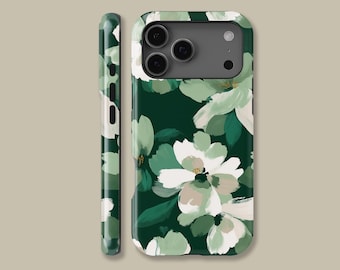 May include: A dark green phone case with a floral design. The case features white and light green flowers with green leaves. The side of the case is also green with a floral pattern.