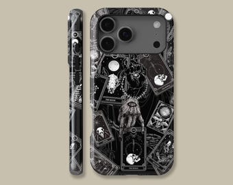 May include: Black and white phone case featuring a tarot card design. The case displays various tarot card illustrations, including skulls, moons, and hands with an eye. The design is repeated on the side of the phone case.