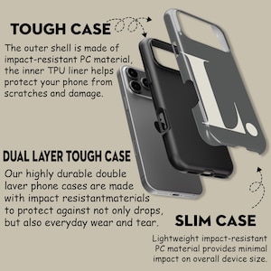 Op de afbeelding: Een exploded view van een telefoonhoesje, met de lagen en kenmerken. De afbeelding benadrukt de "TOUGH CASE" en "DUAL LAYER TOUGH CASE" ontwerpen, waarbij de nadruk ligt op de impactbestendigheid. Tekst beschrijft de materialen en de bescherming tegen krassen en schade.
