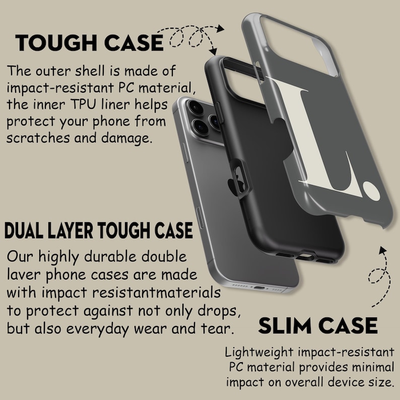 Op de afbeelding: Een exploded view van een telefoonhoesje, met de lagen en kenmerken. De afbeelding benadrukt de "TOUGH CASE" en "DUAL LAYER TOUGH CASE" ontwerpen, waarbij de nadruk ligt op de impactbestendigheid. Tekst beschrijft de materialen en de bescherming tegen krassen en schade.