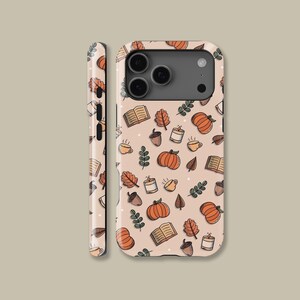 May include: A phone case with a fall-themed pattern. The design includes pumpkins, leaves, acorns, books, coffee cups, and candles on a light peach background. The case is shown from the front and side.