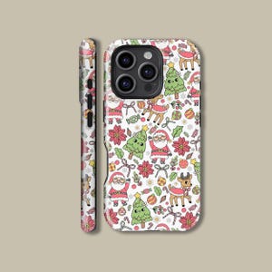 Könnte beinhalten: Eine weiße Handyhülle mit einem sich wiederholenden Muster von weihnachtlichen Illustrationen. Das Design umfasst den Weihnachtsmann, Rentiere, Weihnachtsbäume, Weihnachtsstern und Zuckerstangen in einem farbenfrohen Cartoon-Stil.
