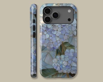Blue Hydrangea Stained Glass Style Design MagSafe Phone Case for iPhone 17 16 15 14 13 Pro Max, Aesthetic Cover for Samsung Galaxy S25 Ultra