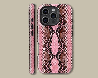 May include: Pink and brown snakeskin-patterned phone case. The case features a textured design with a repeating pattern of pink and brown scales. The case has a camera cutout and button details on the side.