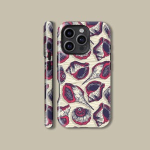 May include: A phone case featuring a repeating pattern of stylized seashells in shades of red, white, and dark blue. The design is set against a light beige background with subtle wave-like lines. The case is shown from multiple angles.