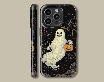 May include: Black phone case featuring a cartoon ghost holding a jack-o'-lantern against a night sky background with clouds and stars. The ghost is white, and the pumpkin is orange. The case is for a smartphone.