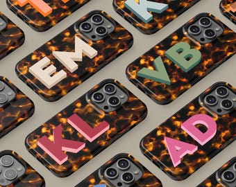 Tortoise Shell Monogram Phone Case for iPhone 16 15 14 13 12 Pro Max Plus, Big Initials Protective Cover for Samsung Galaxy S22 S23 S24 S25