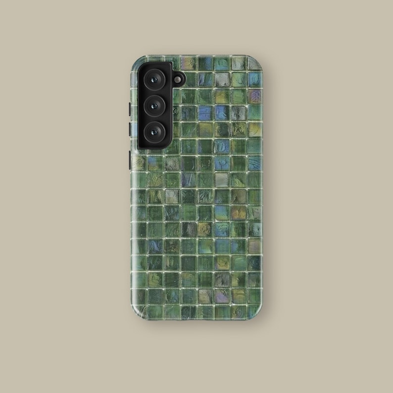 May include: A green and blue mosaic phone case with a triple camera lens.