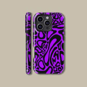 May include: A purple and black phone case with a swirling, abstract pattern. The case is shown from multiple angles, highlighting the design on the back and side. The case has a glossy finish and a camera cutout.