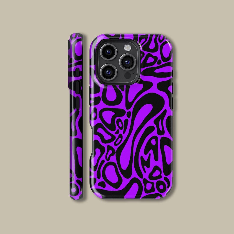 May include: A purple and black phone case with a swirling, abstract pattern. The case is shown from multiple angles, highlighting the design on the back and side. The case has a glossy finish and a camera cutout.