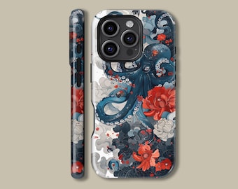 May include: A phone case featuring a stylized illustration of a blue octopus with red and white flowers. The design wraps around the case, including the side. The case has a black camera module.