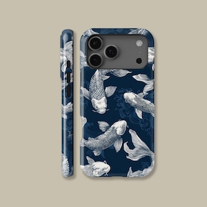 May include: A navy blue phone case featuring a repeating pattern of white koi fish. The design includes detailed illustrations of the fish and subtle wave patterns. The case is shown from multiple angles, highlighting the wrap-around design.