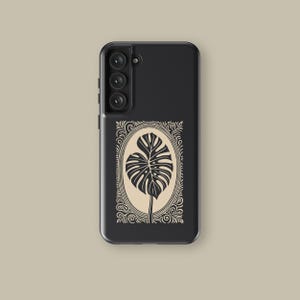 Monstera Leaf Phone Case for iPhone 16 15 14 13 12 Pro Max Mini, Black And Beige Monstera Protective Cover for Samsung Galaxy S23 S24 S25