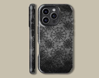 Black Spider Web Textured Phone Case for iPhone 16 15 14 13 12 11 Pro Max MagSafe, Black Protective Cover for Samsung Galaxy S23 S24 S25