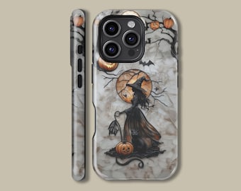 Halloween Spooky Moonlit Witch Design Phone Case for iPhone 16 15 14 13 12 11 Pro Max, Halloween Protective Cover for Samsung Galaxy S24 S25
