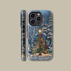 May include: A phone case featuring a stained-glass design of a Christmas tree in a snowy forest. The tree is decorated with colorful lights and topped with a star. The case has a blue background with white snow-covered trees.