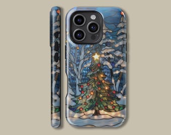Christmas Tree Design Phone Case for iPhone 16 15 14 13 12 11 Pro Max, Faux Stained Glass Winter Forest Cover for Samsung Galaxy S23 S24 S25