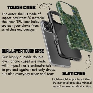 May include: A phone case with a green mosaic design. The case is made of two layers, a tough outer shell and a soft inner liner. The case is designed to protect your phone from scratches and damage. The text "TOUGH CASE", "DUAL LAYER TOUGH CASE", and "SLIM CASE" is visible in the image.