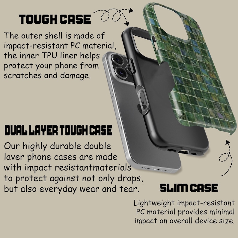May include: A phone case with a green mosaic design. The case is made of two layers, a tough outer shell and a soft inner liner. The case is designed to protect your phone from scratches and damage. The text "TOUGH CASE", "DUAL LAYER TOUGH CASE", and "SLIM CASE" is visible in the image.