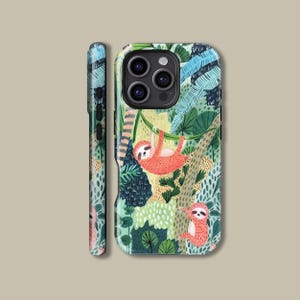 May include: A phone case featuring a colorful jungle scene with two sloths. The sloths are a coral color and are hanging from a green vine. The background is filled with green and blue foliage.