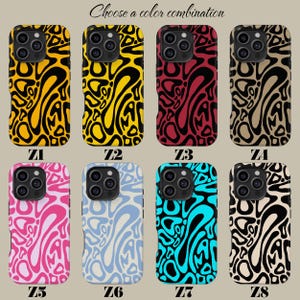 May include: A collection of eight phone cases with abstract designs in various color combinations. The cases feature a swirling pattern in colors like yellow, red, pink, blue, and black. The text "Choose a color combination" is at the top.