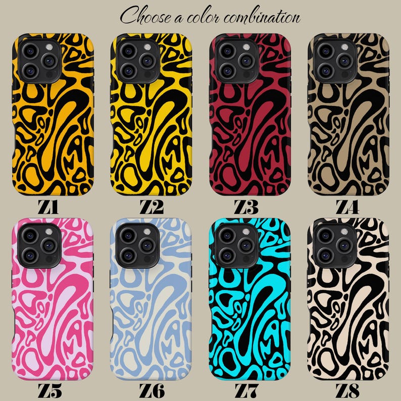 May include: A collection of eight phone cases with abstract designs in various color combinations. The cases feature a swirling pattern in colors like yellow, red, pink, blue, and black. The text "Choose a color combination" is at the top.