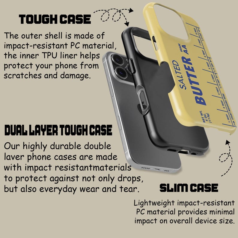 May include: A phone case featuring a yellow stick of butter design with the text "SALTED BUTTER AA" and a blue label. The case is made from two layers, a tough outer shell and a soft inner liner. The case is designed to protect the phone from scratches and damage.