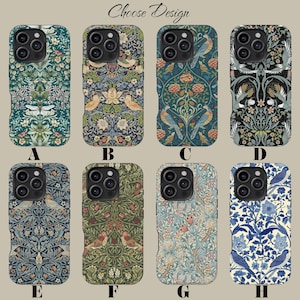 May include: Eight phone cases with floral and bird patterns are displayed. The cases are in various colors, including green, blue, and cream. The text "Choose Design" is at the top. Each case has a different design, with birds and flowers.