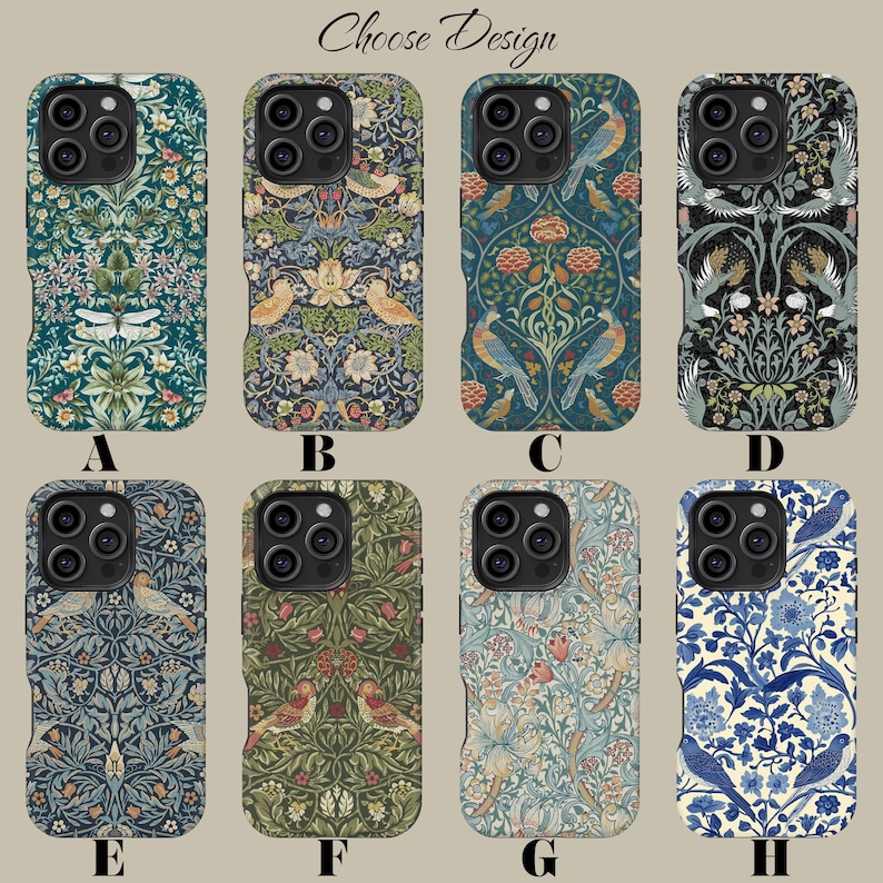 May include: Eight phone cases with floral and bird patterns are displayed. The cases are in various colors, including green, blue, and cream. The text "Choose Design" is at the top. Each case has a different design, with birds and flowers.