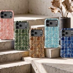 May include: Five smartphone cases featuring a grid of square tiles with a leopard print pattern. The cases are available in pink, green, brown, light blue, and dark blue, each with a dark grey camera cutout section at the top.