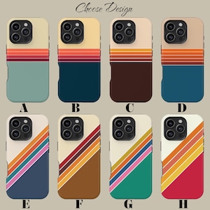 May include: Eight phone cases with retro designs are displayed. Each case has a unique colour scheme, with stripes and diagonal lines in orange, red, blue, and green. The text "Choose Design" is visible at the top of the image.