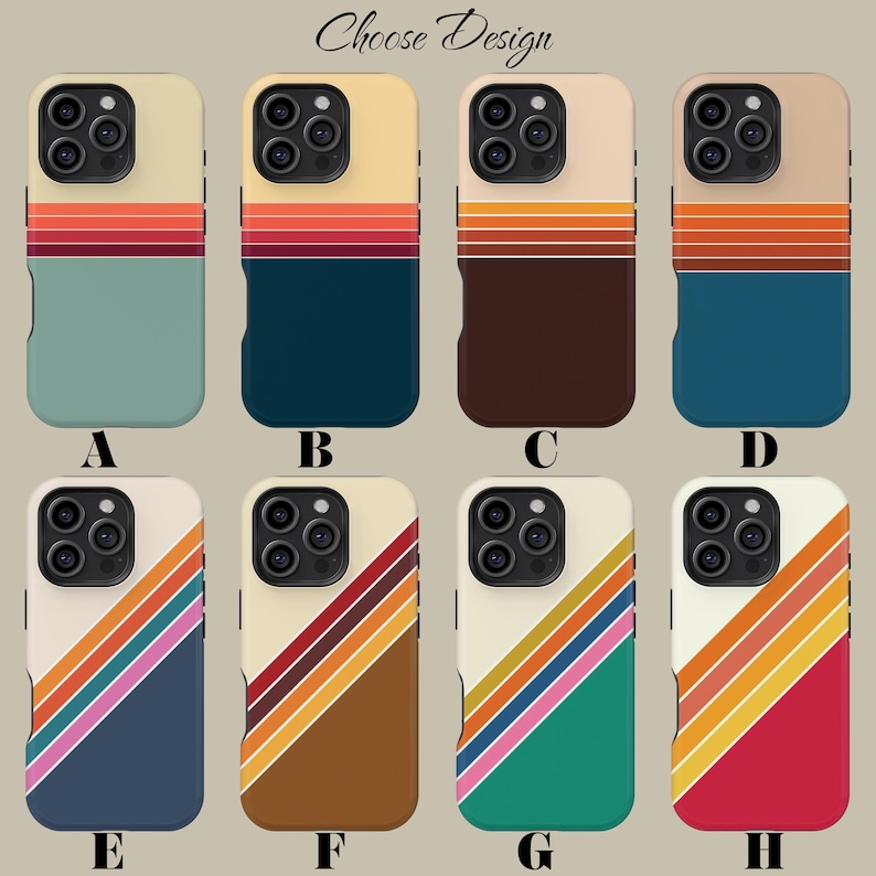 May include: Eight phone cases with retro designs are displayed. Each case has a unique colour scheme, with stripes and diagonal lines in orange, red, blue, and green. The text "Choose Design" is visible at the top of the image.