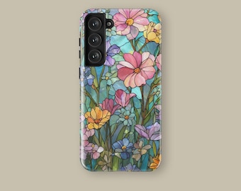 Stained Glass Effect Floral Phone Magsafe Case for iPhone 16 15 14 13 Mini Pro Max Plus,  Wild Flower Cover for Samsung Galaxy S23 S24 S25