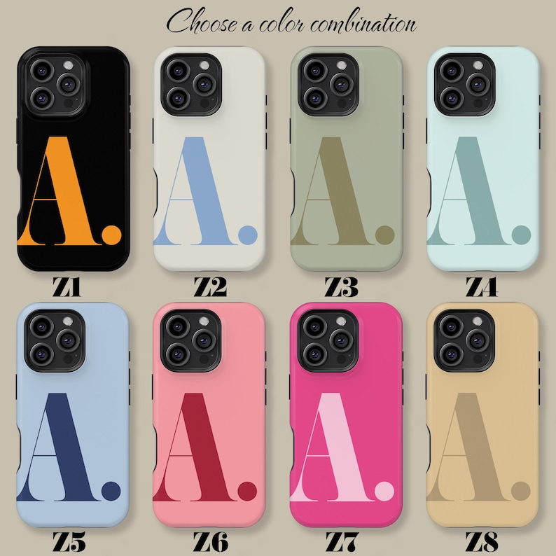 Op de afbeelding: Een selectie van telefoonhoesjes in verschillende kleuren, elk met de letter "A" in een vet, modern lettertype. De hoesjes worden getoond in zwart, wit, olijfgroen, lichtblauw, babyblauw, roze, felroze en beige. De tekst "Choose a color combination" staat bovenaan.