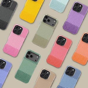 May include: A collection of colorful phone cases with various patterns. Designs include polka dots, stripes, and checkered patterns in shades of pink, yellow, green, purple, orange, and blue. The cases are arranged on a neutral background.