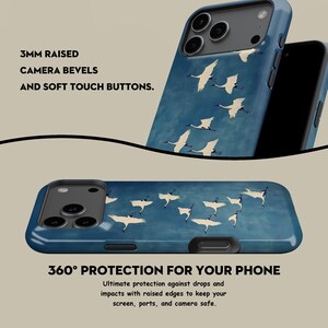 May include: A blue phone case featuring a flock of white cranes in flight. The case has a 3mm raised camera bevel and soft-touch buttons. The text on the case reads "360&deg; PROTECTION FOR YOUR PHONE".