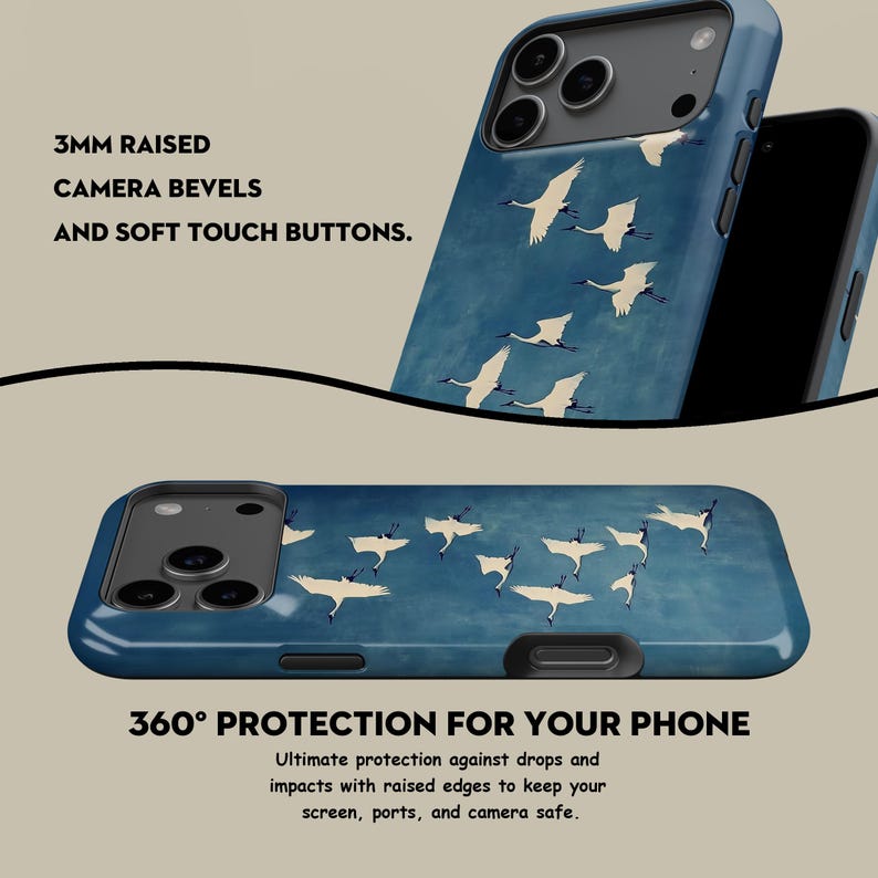 May include: A blue phone case featuring a flock of white cranes in flight. The case has a 3mm raised camera bevel and soft-touch buttons. The text on the case reads "360&deg; PROTECTION FOR YOUR PHONE".
