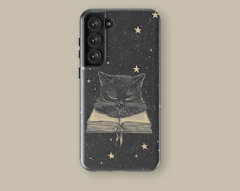 Starry Night Cat On Book Phone Case for iPhone 16 15 14 13 12 Pro, Mystical Black Cat With Stars Protective Cover for Samsung Galaxy S25