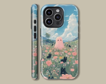 Cute Pink Ghost Black Cat Design Phone Case for iPhone 16 15 14 13 12 Pro Max, Halloween Dreamy Ghost Protective Cover for Samsung S23 S24