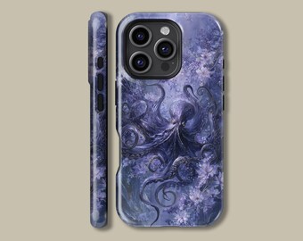 May include: A phone case featuring a detailed illustration of a purple octopus with flowing tentacles, surrounded by white flowers, set against a blue background. The case is shown from the front and side, showcasing the design's wrap-around effect.