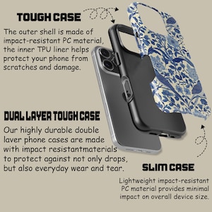 May include: An exploded view of a phone case, showcasing its components. The case features a blue and white floral design on the outer shell, a black inner layer, and a clear phone. Text highlights the case's tough, dual-layer, and slim design for protection.