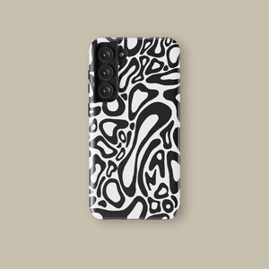 May include: A black and white phone case with a repeating abstract pattern. The design features organic shapes and lines in a high-contrast style. The case has a camera module with three lenses.