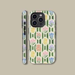 May include: A phone case with a floral pattern. The case features a repeating design of colorful flowers in yellow, pink, orange, and blue, set against a cream background with green vertical stripes. The side of the case also displays the floral pattern.