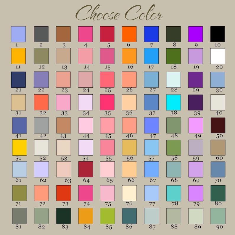 May include: A color chart with 90 numbered color swatches arranged in a grid. The text "Choose Color" is at the top. The swatches display a variety of colors, including shades of blue, pink, green, and neutral tones.