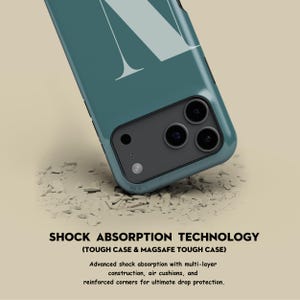 Op de afbeelding: Teal telefoonhoesje met een groot wit letter "N" ontwerp. De hoes heeft een zwarte cameramodule met drie lenzen. De tekst "SHOCK ABSORPTION TECHNOLOGY" is zichtbaar.