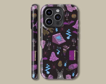 May include: A black phone case with a Halloween-themed pattern. The design includes ghosts, bats, spiders, pumpkins, candles, and a staircase, all in shades of purple, blue, and orange. The case is shown from the front and side.