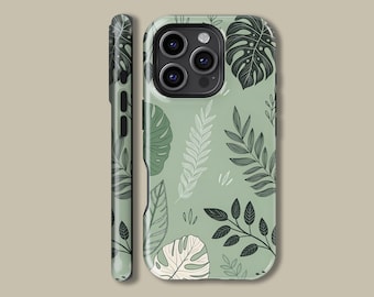 May include: A phone case with a botanical design. The case has a light green background with a pattern of various leaves in shades of green and white. The case is shown from the front and side.
