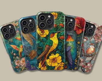 Stained Glass Animal Phone Case for iPhone 16 15 14 13 12 Pro Max, Stained Glass Bird Flower Protective Cover for Samsung Galaxy S20 FE S25