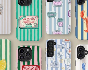 Retro Sardine Phone Case for iPhone 16 15 14 13 12 Mini Plus Pro Max, Lobster on Stripes Protective Cover for Samsung Galaxy S23 S24 S25