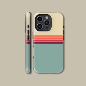May include: A phone case with a retro design. The top section is cream-coloured, with three horizontal stripes in orange and red. The bottom section is a muted teal colour. The side of the case is teal with red accents.